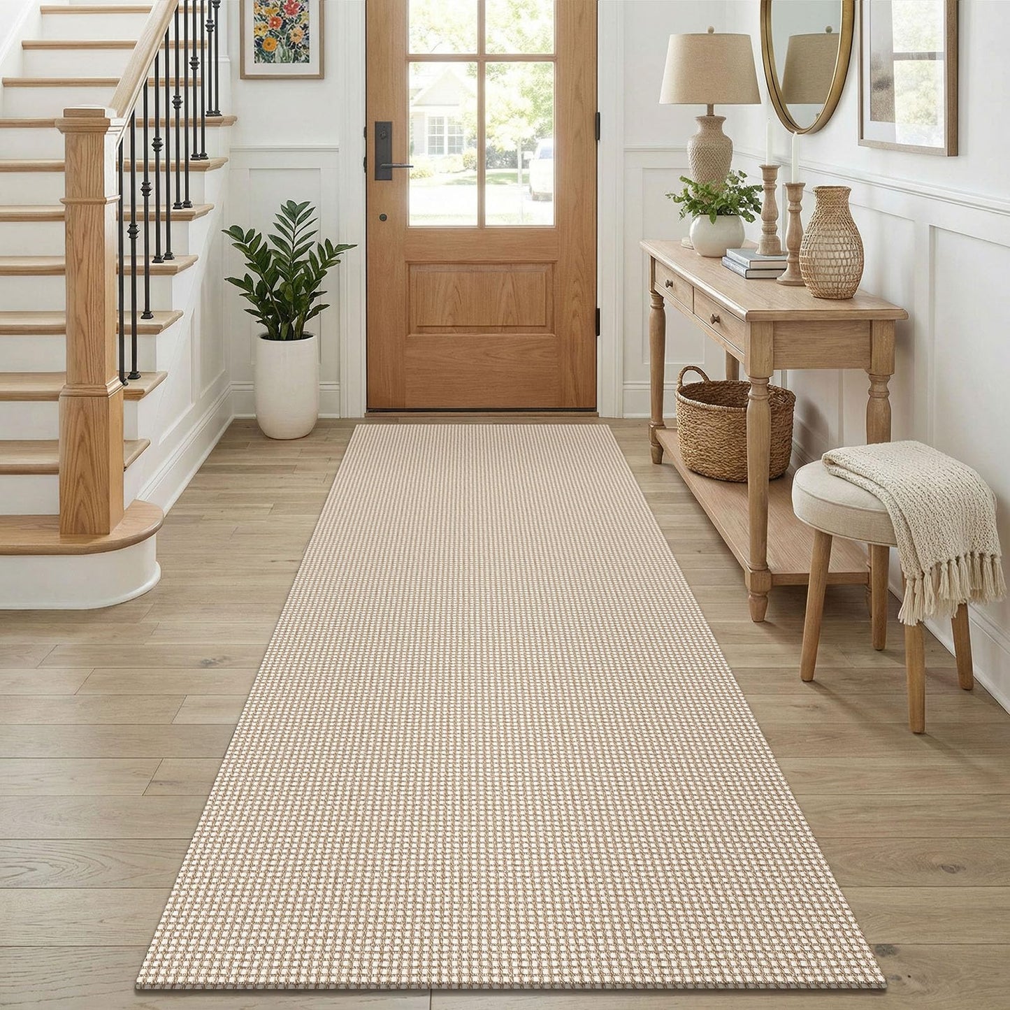 KOZYFLY Runners for Hallways 3x8 ft Washable Kitchen Runner Non Slip Rubber Backed Hall Runners Cotton Entryway Runner Rugs for Indoor Backdoor Bedroom Kitchen, Ivory/Camel/Brown