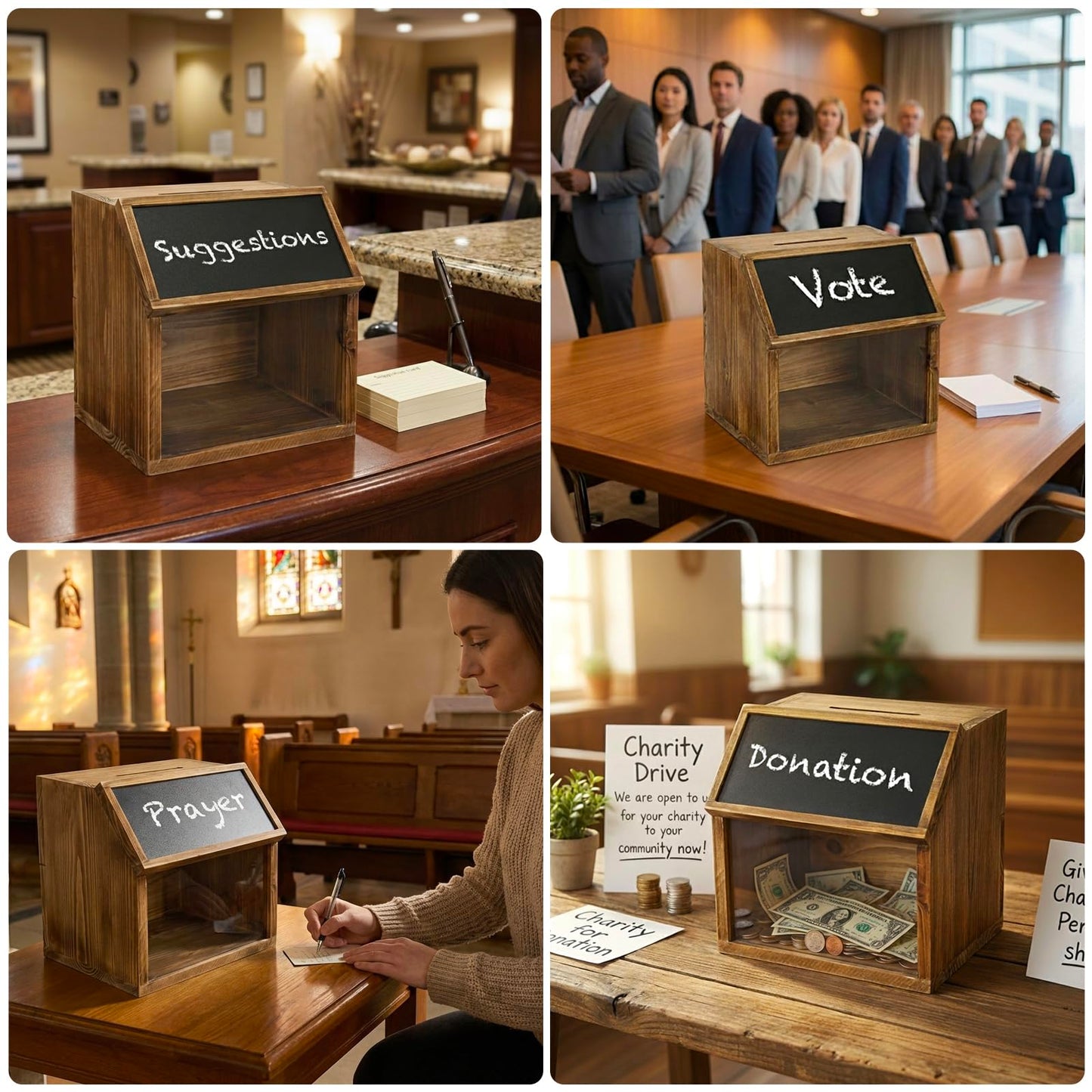 MyGift Tip Jar,Donation Box for Fundraising with Chalkboard Label and Keys, Wooden Suggestion Prayer Box with Slot and Lock for Church,Wedding