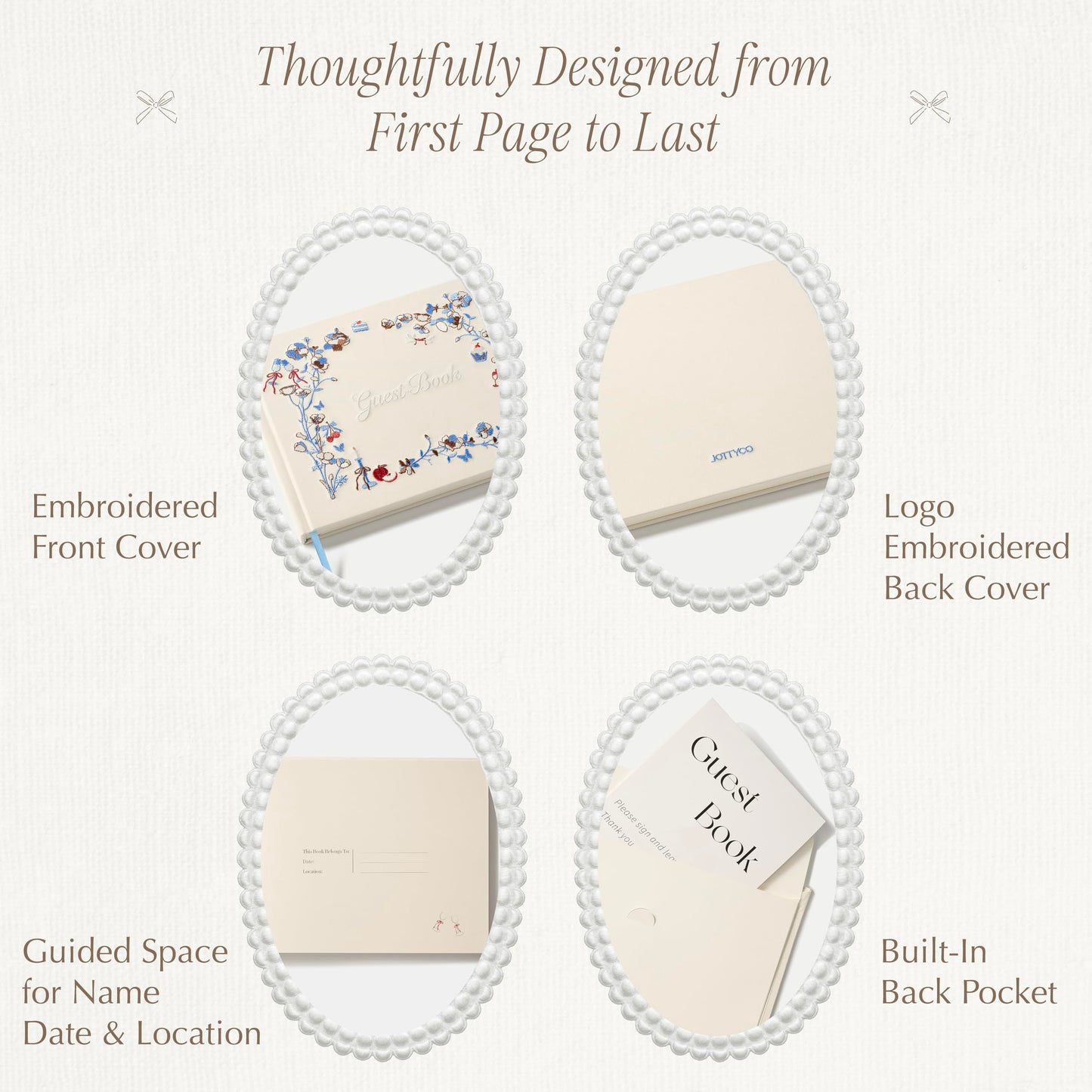 Jottyco Embroidered Wedding Guest Book, Cotton Cover, Acid-Free Paper, 160 Pages, 9" L × 7" W, Sign in Book for Wedding Reception, Baby Shower&Events, with Envelopes, Table Card&Cotton Pouch (Ivory)