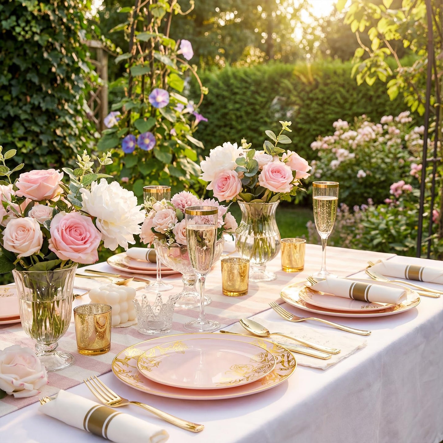 DaYammi 210Pcs Pink Plastic Plates,Pink Gold Floral Disposable Dinnerware Set-30 Dinner Plate,30 Salad plate,30 Per Rolled Napkins with Gold Cutlery,30 Cups,Fancy Party Plates for Wedding Party