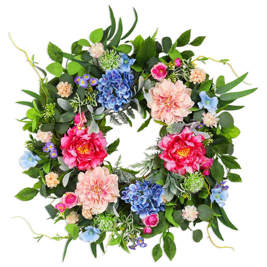 24 Inch Spring Wreaths for Front Door, Artificial Front Door Wreath with Daisy Peony Hydrangea Eucalyptus Green Leaves, Outside Floral Wreath for Home Porch, Home Decor for Indoor Outdoor Window Wall