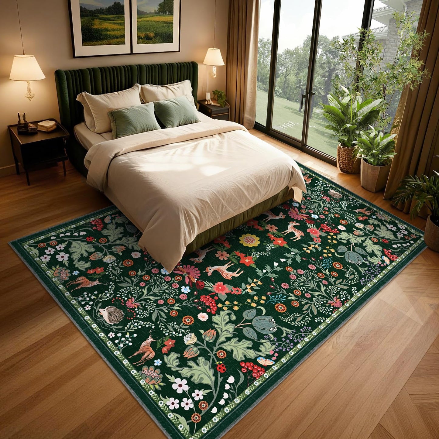 Yinhua 8x10 Area Rugs Floral Washable Rugs for Living Room Green Rug Non Slip Soft Low Pile Faux Wool Botanical Throw Rug for Bedroom, Dining Room, Office, Home Decor, Green