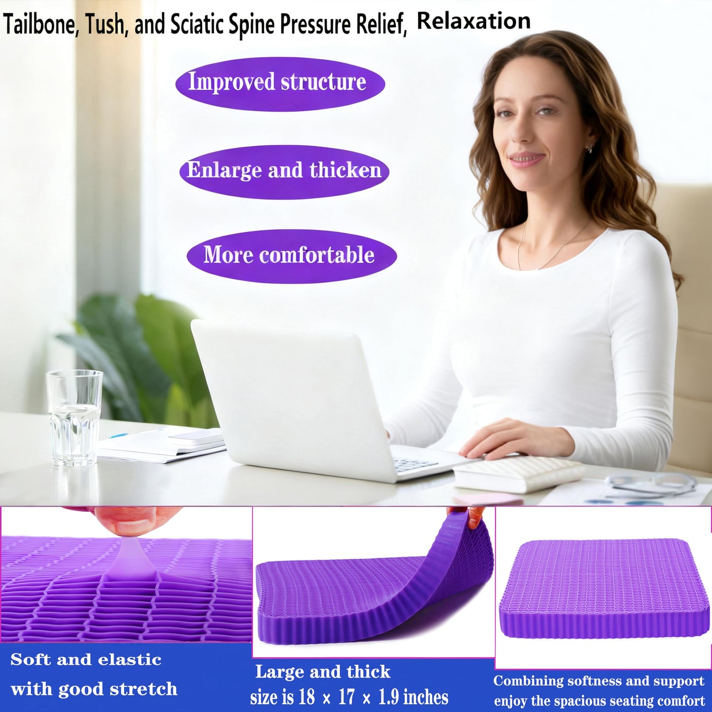 Innovative Gel Seat Cushion for Long Sitting, Soft and Breathable, Seat Cushion for Back, Sciatica, Hip, Tailbone Pain Relief, Used for The Office, Wheelchair, Recliner, Car, Stadium, Kayak.(Púrpura)