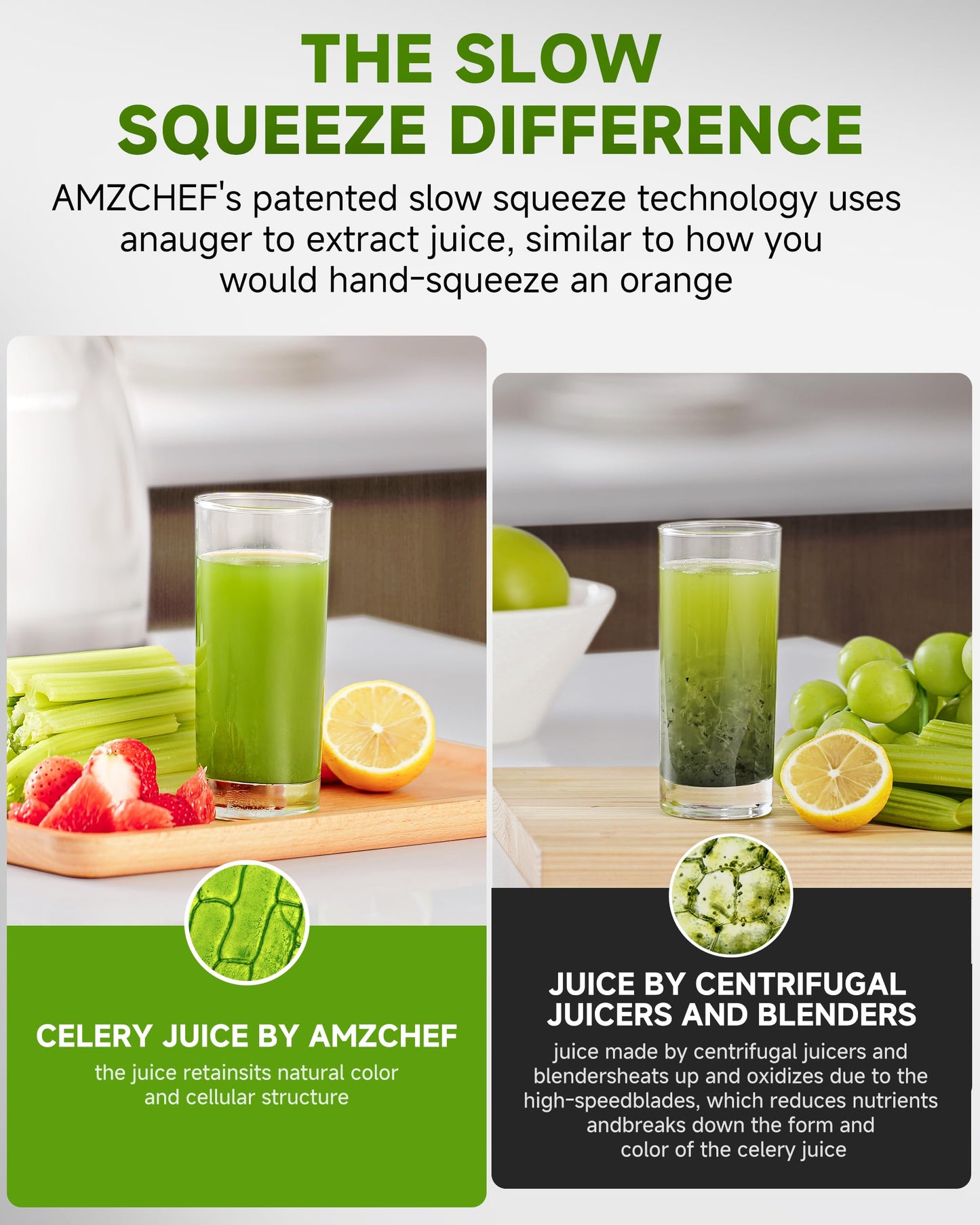 Juicer Machines - AMZCHEF Cold Press Masticating Juicer whole Fruit and Vegetable - Delicate Chew No Need to Filter - BPA Free Juice Extractor with 2 Cups and Brush- Pear White