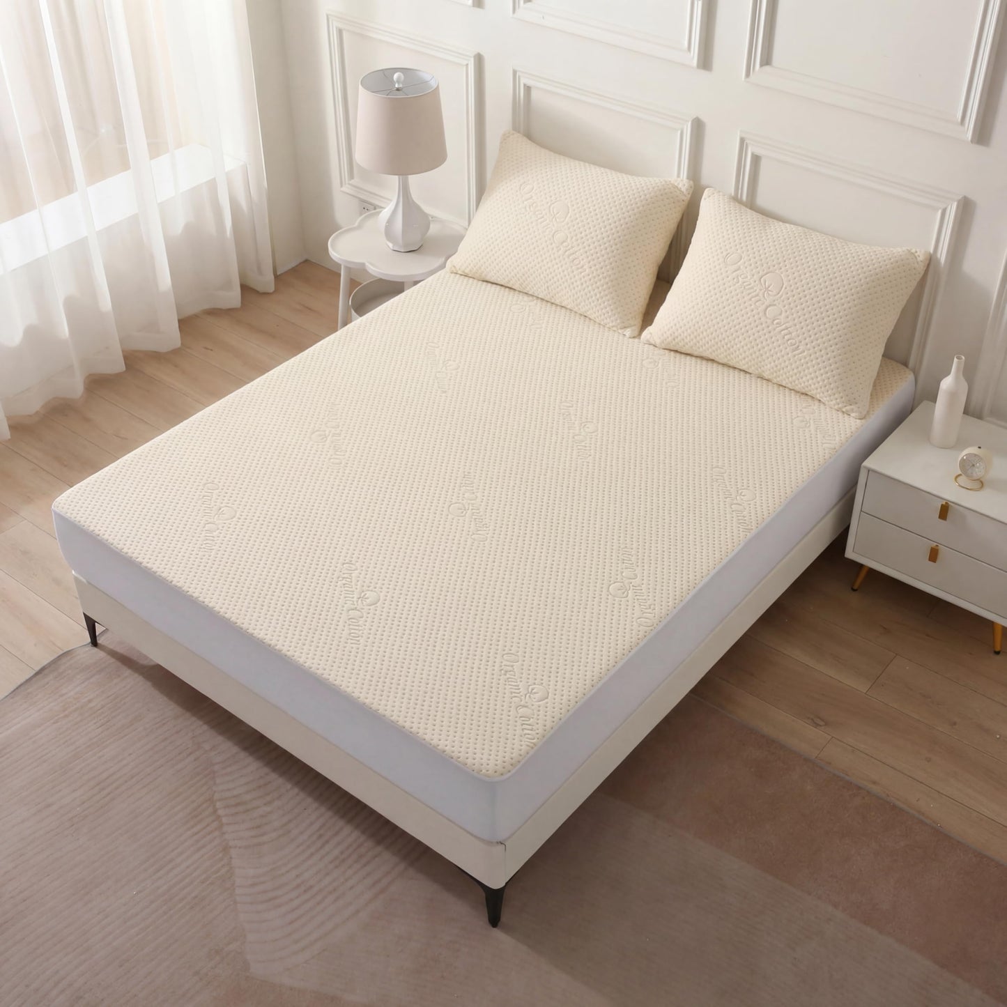 Luxury Waterproof Organic Mattress Protector Twin Size - Organic Cotton Breathable Mattress Pad Cover - Premium 380 GSM 3D Air Fabric - Deep Pocket - Jersey Cotton Skirt - Fitted Design