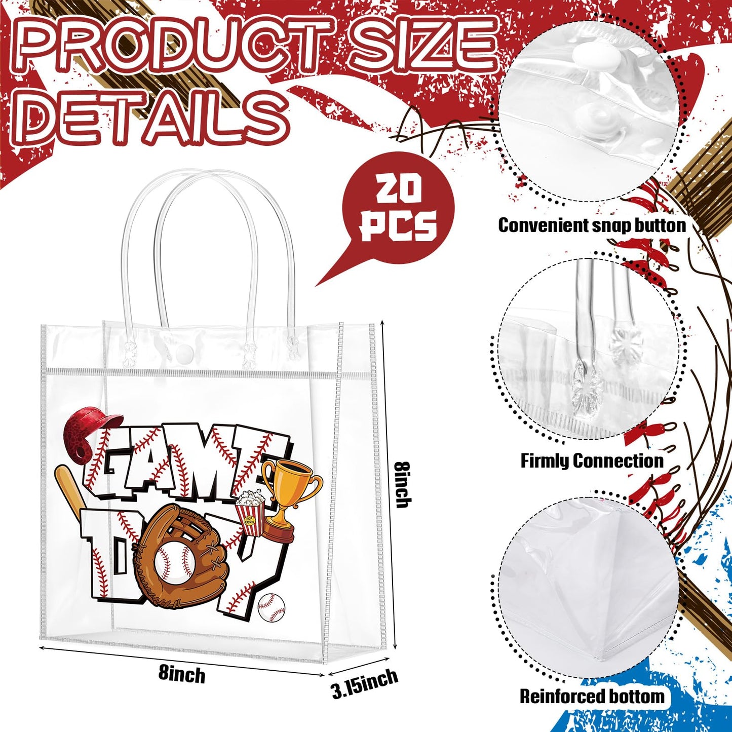 Wesnoy 20 Pcs Baseball Gifts Bags with Handles Reusable Baseball Goodie Bags for Team Candy Birthday Party Supplies 8 x 8 x 3.15''