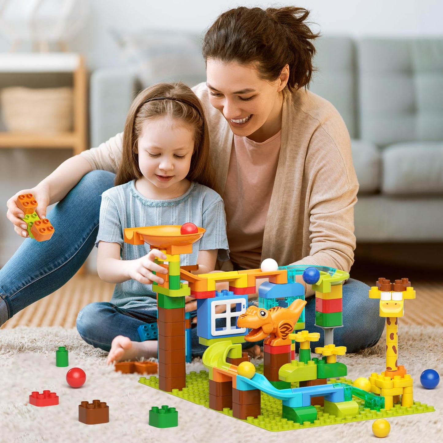 Marble Run for Kids Ages 4-8 145 PCS Dinosaur Giraffe Building Blocks with 10 Marbles Slide Dino Smooth Edges Design Works with Large Brick Toys STEM Track Toys Creative Gift for Boys Girls