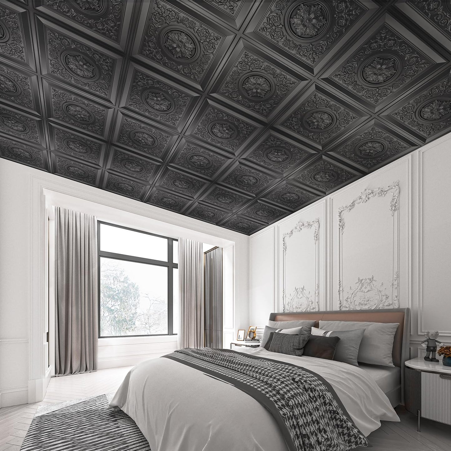 WOWSTAR 12-Pack 24"x24" Drop Ceiling Tiles, Waterproof Glue Up Vintage Style 3D Ceiling Tiles, Black