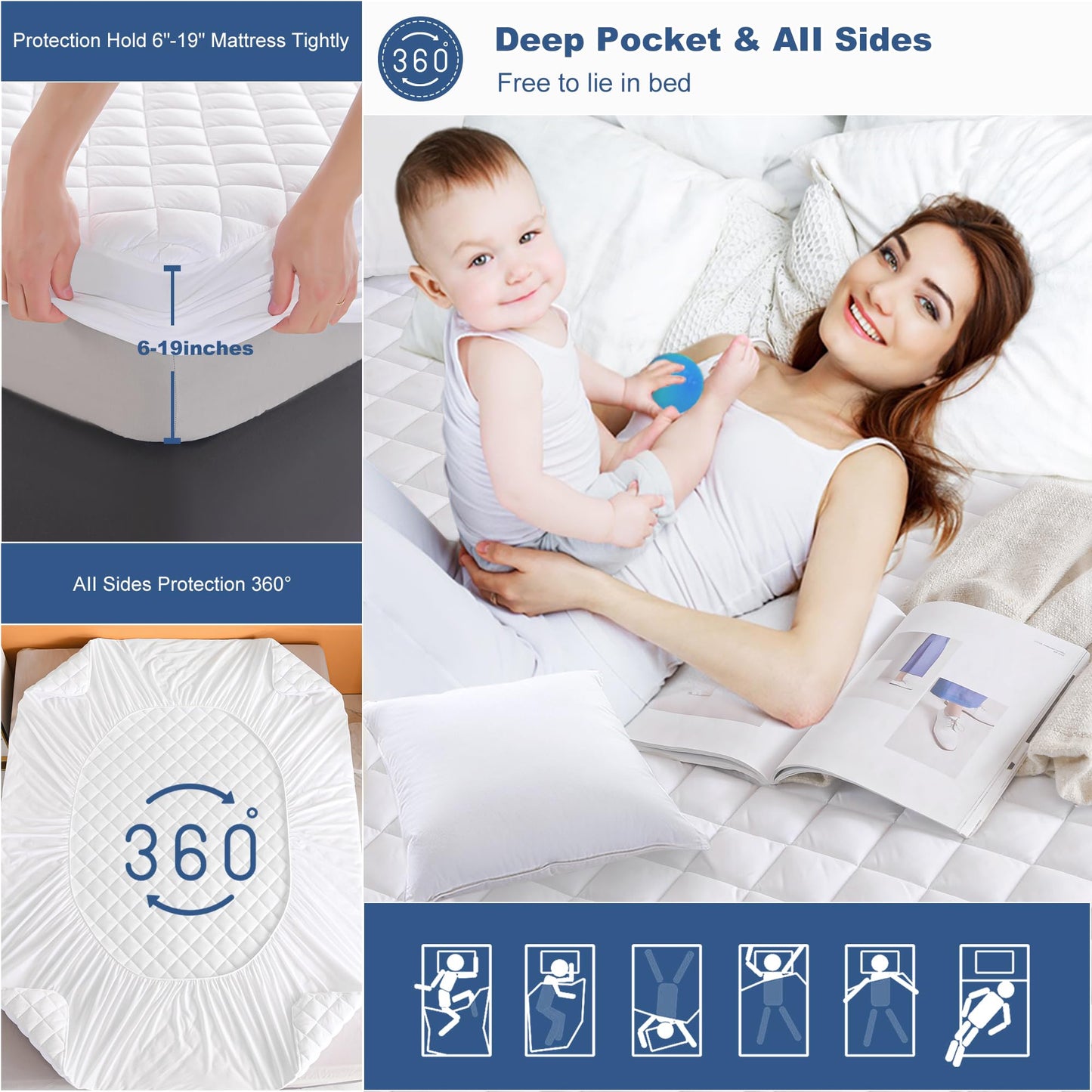 GRT Twin Waterproof Mattress Pad, 100% Waterproof Quilted Fitted Mattress Protector, Noiseless Hollow Cotton Mattress Cover, Fitted 8"-19" Deep, Dust Proof