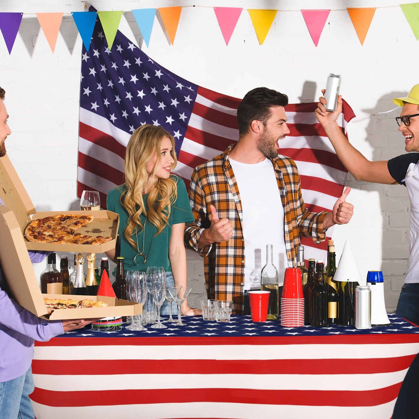Oudain 2 Pcs 4th of July Table Cover Stretch Tablecloth 6 Feet Red White and Blue Star Memorial Day Spandex Table Clothes Patriotic Party for 250th Anniversary Independence Day Party Celebration