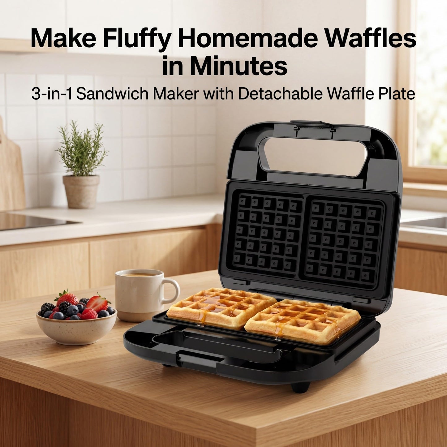 KEINVE 3-in-1 Sandwich Maker, Waffle Maker and Panini Press Grill, 800W Electric Breakfast Machine with 3 Detachable Non-Stick Plates, LED Indicator Lights, Cool Touch Handle with Latch, Black