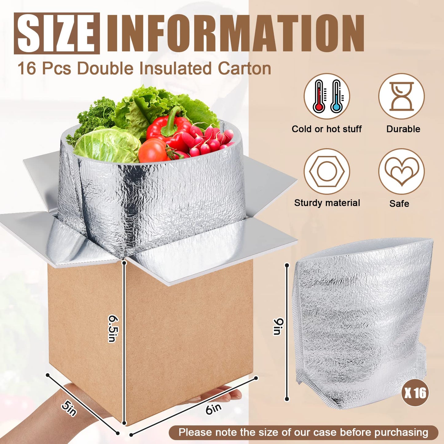 Henoyso 16 Pcs 6.5'' x 6'' x 5'' Small Insulated Cold Shipping Boxes for Frozen Food with Aluminum Foil Liner Insulated Bag Thermal Cooler Cold Pack Boxes for Hot or Fresh Food Mailing Packing