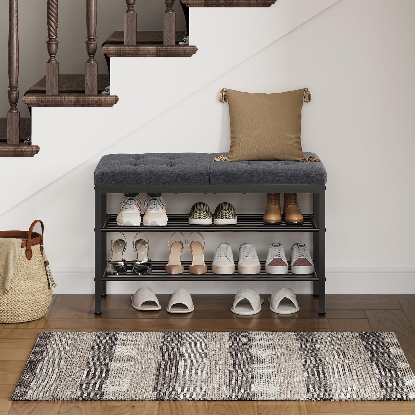 HOOBRO Shoe Bench, Storage Bench with Cushion, Entryway Bench Shoe Shelf with Seat, 12 x 29.5 x 18.1 Inches, Shoe Rack for Living Room, Bedroom, Hallway, Dark Gray BGZ95HX01