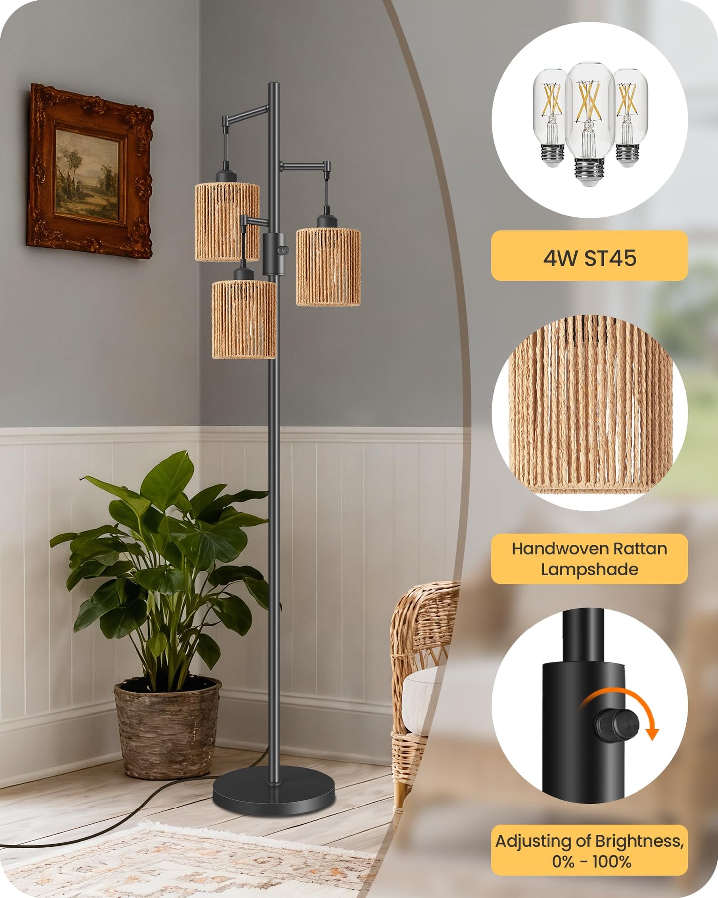 GOEBLESON Dimmable Floor Lamp, Farmhouse Tall Standing 70.3" Tree Lamp with 3 Rope Woven Lampshades, Boho Rattan Floor Lights, 4W 3 LED Bulbs Included, for Living Room, Bedroom, Study, Office AB03LD05