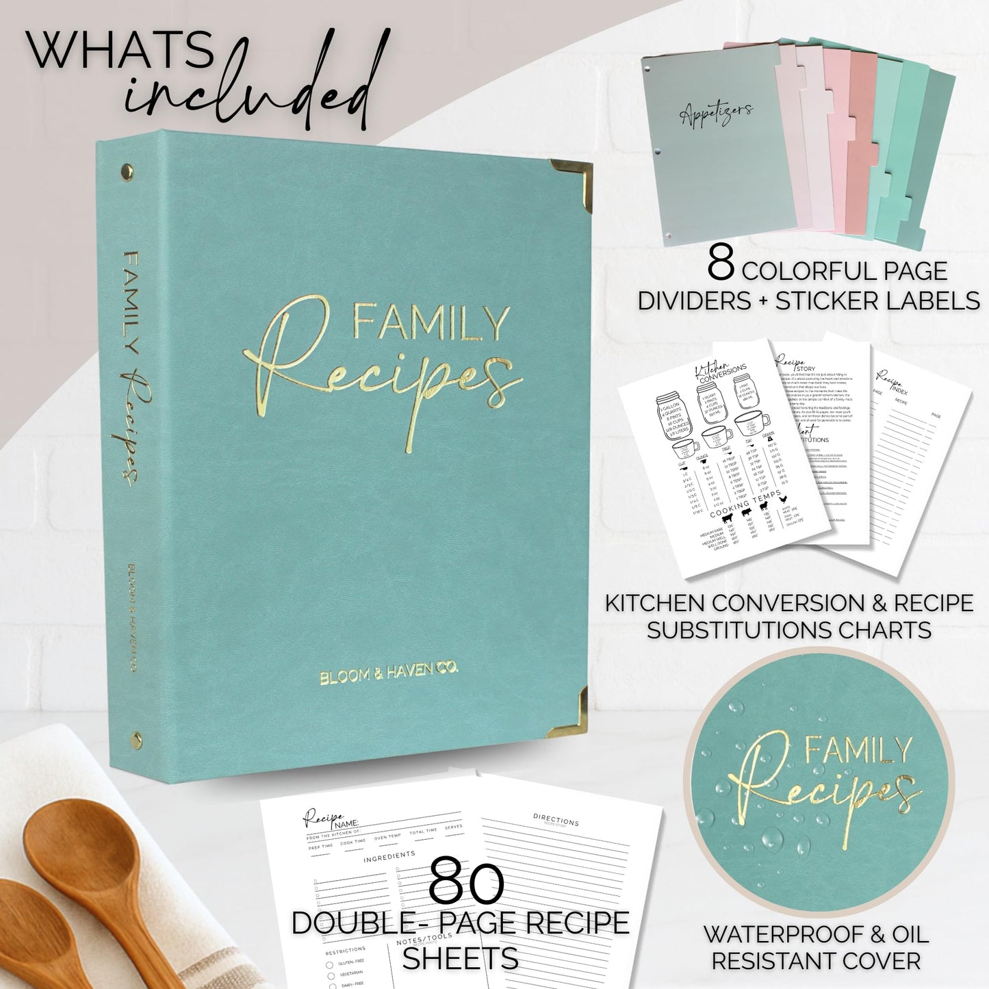 Bloom & Haven Recipe Book to Write in Your Own Recipes | Waterproof Recipe Book | Beautiful Blank Cookbook to Organize Your Recipes | Perfect Family Recipe Journal (Green)
