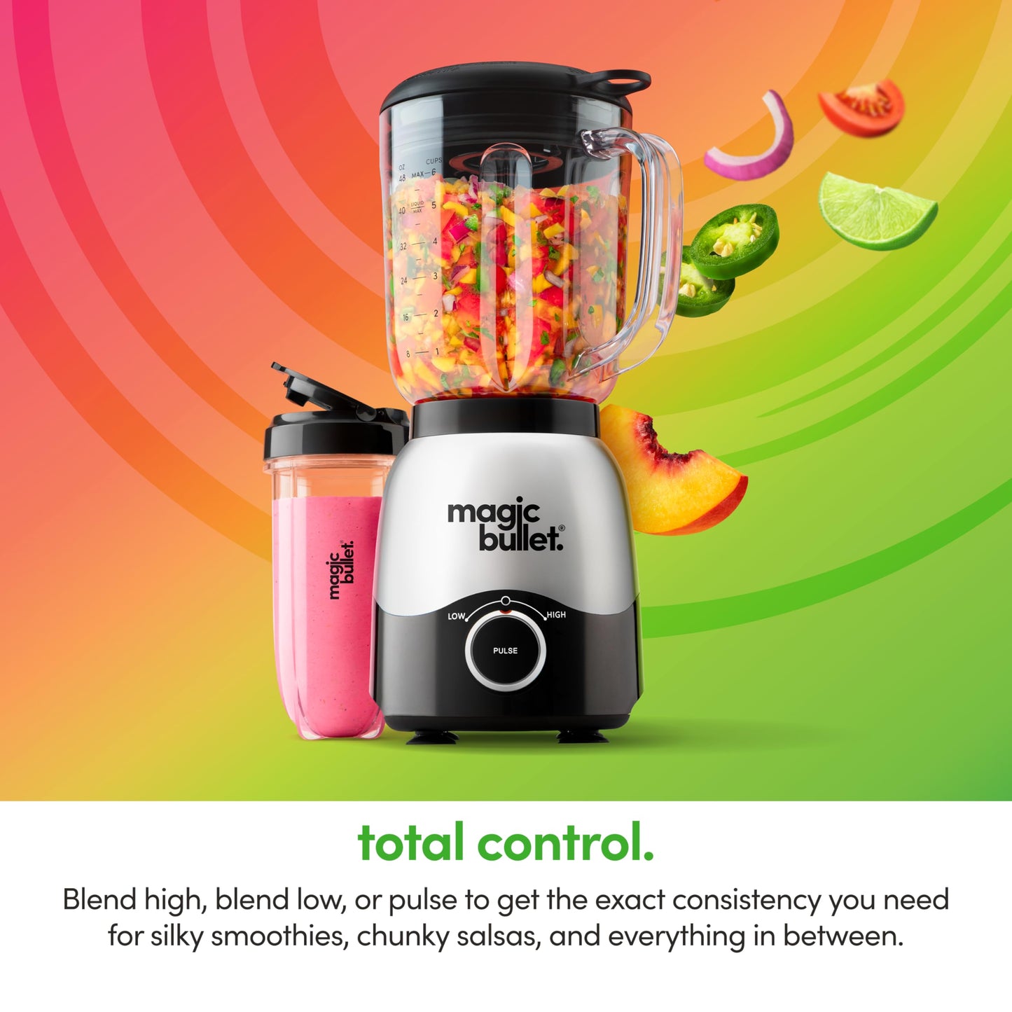 magic bullet Combo Blender, 600W, 48oz Pitcher, 16oz Cup with To-Go Lid, Easy Cleaning, Cross Blade, for Smoothies, Sauces, Shakes, Salsa, Hot Blends, Silver, MBF50200