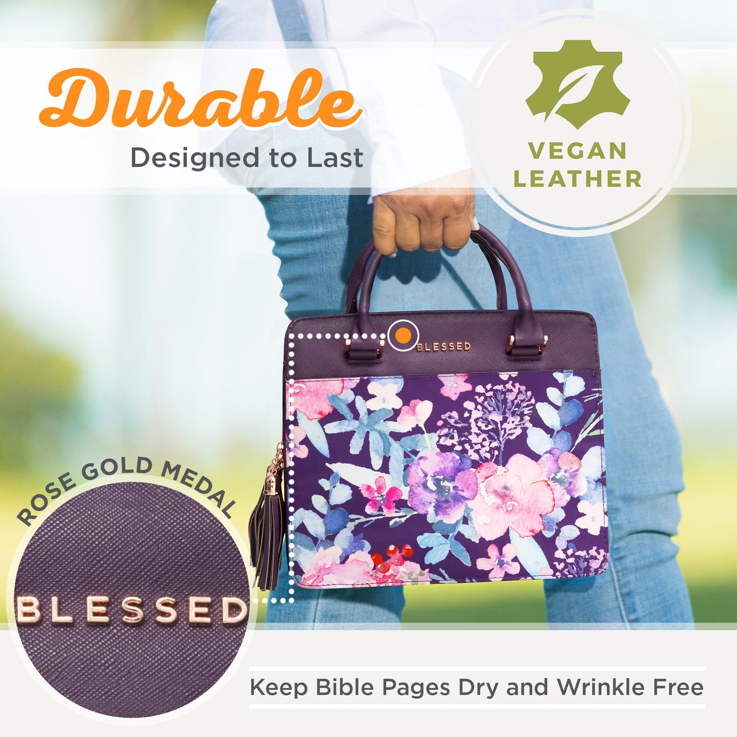 Christian Art Gifts Women's Fashion Bible Cover Purse Style Blessed, Purple Floral Faux Leather, Large