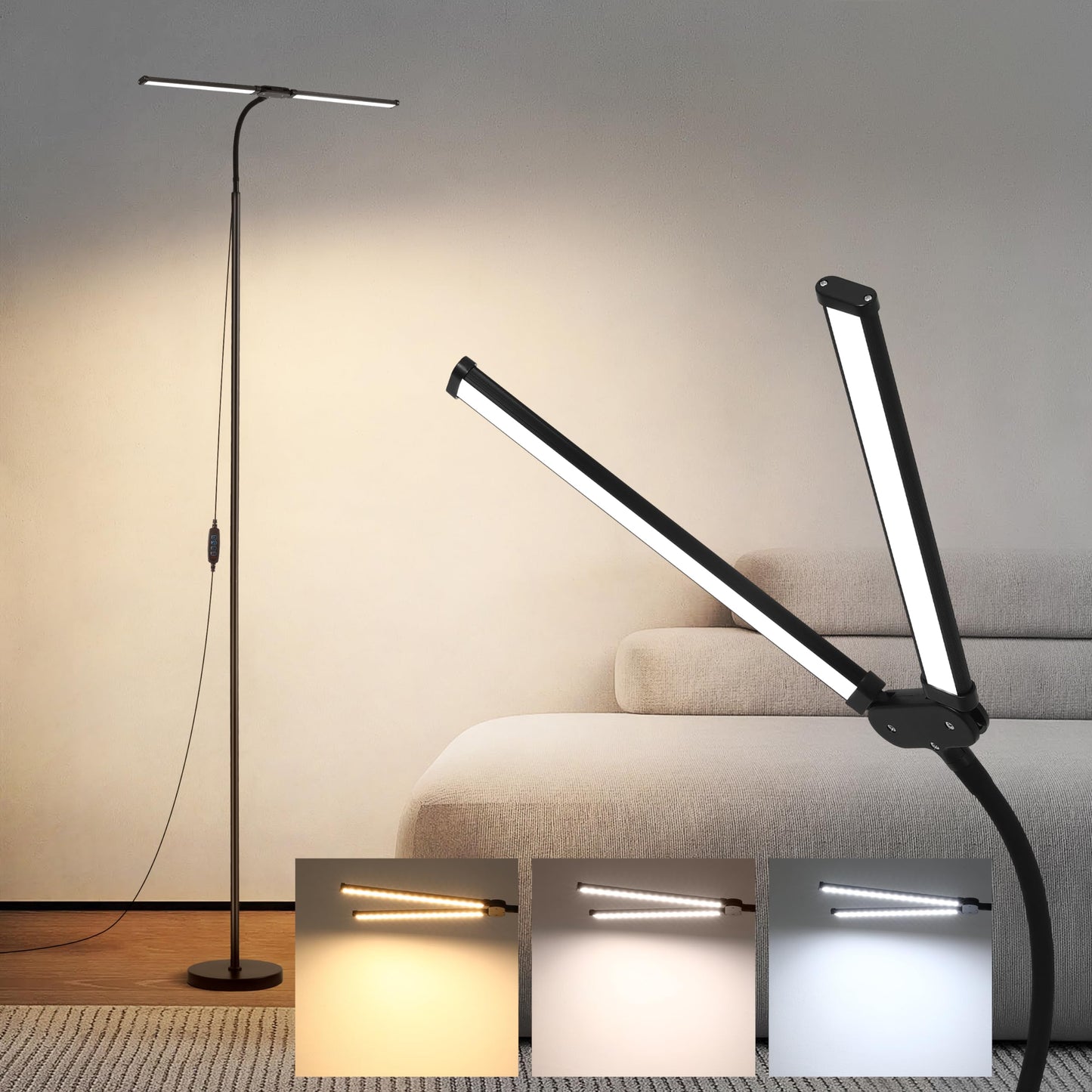 JhauvMw 18W Dual Head LED Floor Lamp, Extended Flexible Gooseneck, Eye-Caring 3 Color Modes & 10 Brightness Levels, 4 Detachable Poles, USB Standing Light for Living Room, Bedroom, Office Reading