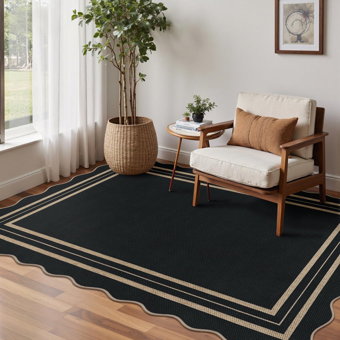 LORWER Modern Easy Jute 4x6 Outdoor Patio Rug, Washable Indoor Black Kitchen Rugs Farmhouse Neutral Non Slip Area Rug for Living Room Backyard Bedroom