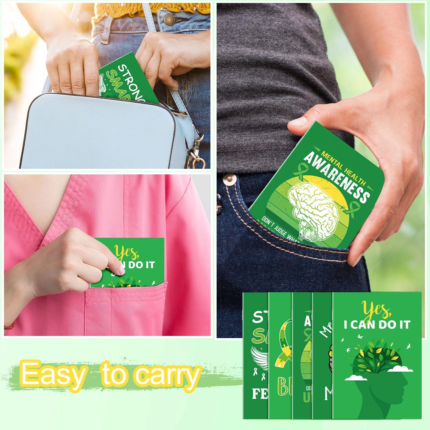Dinifee 200 Pcs Mini Mental Health Notepads Small Memo Pad Notepads Bulk Mental Health Awareness Green Ribbon Pocket Notebooks, 10 Styles