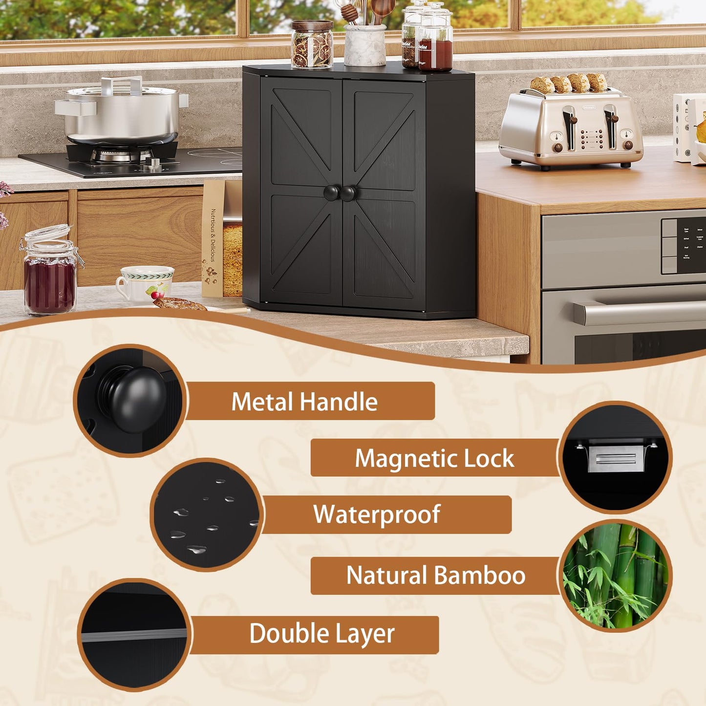 Trironsun Corner Bread Box for Kitchen Counter Double Layer Bamboo Bread Storage Container Large Capacity Bread Storage Bin Farmhouse Breadbox Organizer (Black)