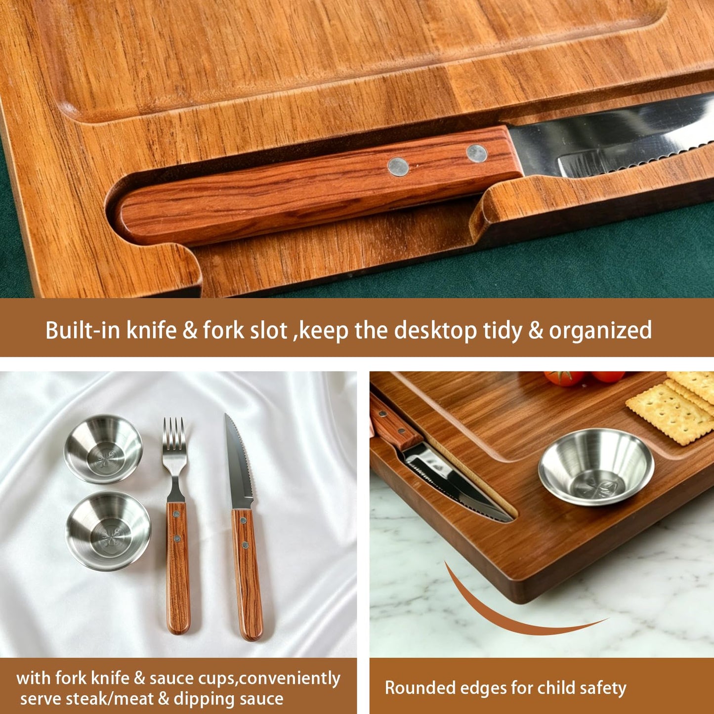 2 Set Acacia Wood Steak Plates Board with Knife Fork Ramekins,Knife-Friendly Food Serving Tray Deep Juice Groove Charcuterie Meat Cutting Boards for Dinner BBQ Party Restaurant & Housewarming Gifts