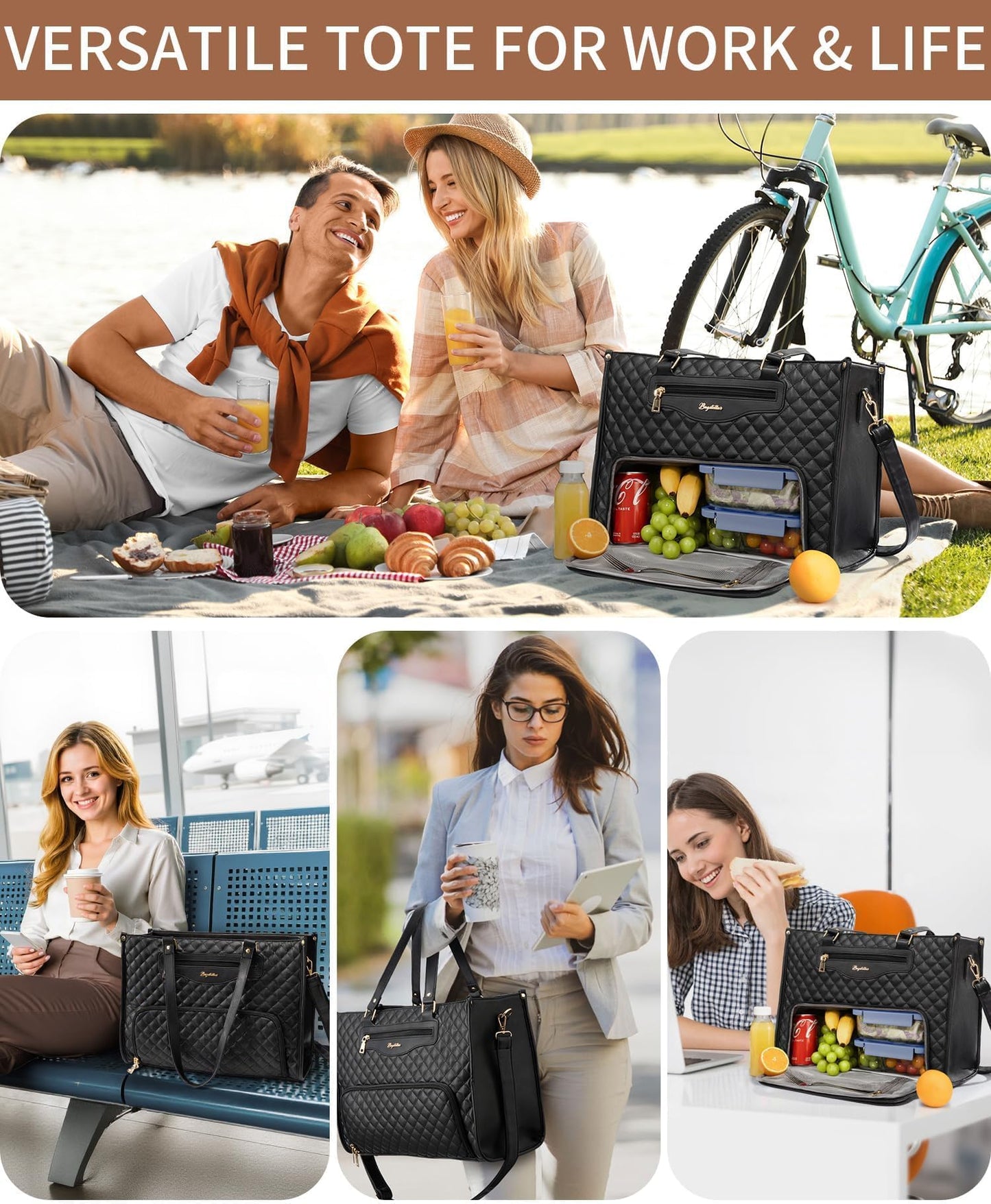 Bagstellar Lunch Tote Bag for Women, 15.6 Inch Laptop Work Bag with Insulated Lunch Box Compartment & Purse Large Capacity Quilted Computer Handbag for Office Business Work Nurse Teacher Travel Casual