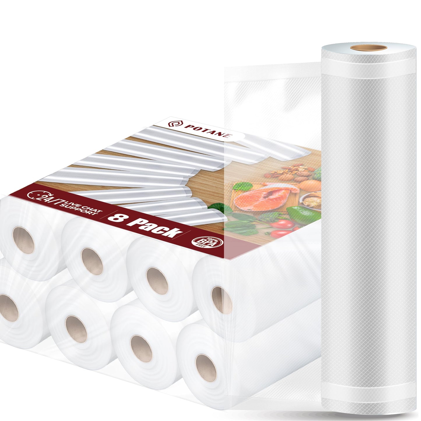 Potane 8 Pack 8"x20'(8Rolls) Thickened Vacuum Sealer Bags For Food, Textures on Both Sides, Smell-Proof, Heavy Duty for POTANE, Food Saver, Weston, Sous Vide