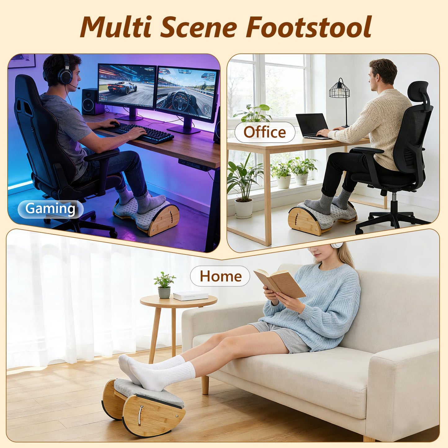 Foot Rest Under Desk, Under Desk Footrest, Foot Stool for Couch, Office Home, Gaming, 4-in-1 Bamboo Desk Foot Rest with 6 Adjustable Heights & Massage Cushion & Relieve Pressure on Legs, Waist & Back