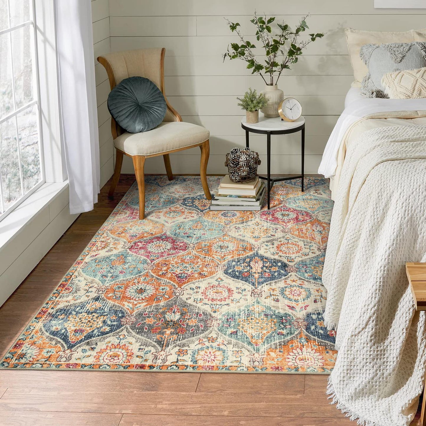Lahome Moroccan Trellis Washable Small Area Rug, 3x5 Area Rug for Bedroom Living Room, Non-Slip Oriental Accent Throw Carpet for Kitchen Office Entryway Bathroom Office Elise, Cream/Multi