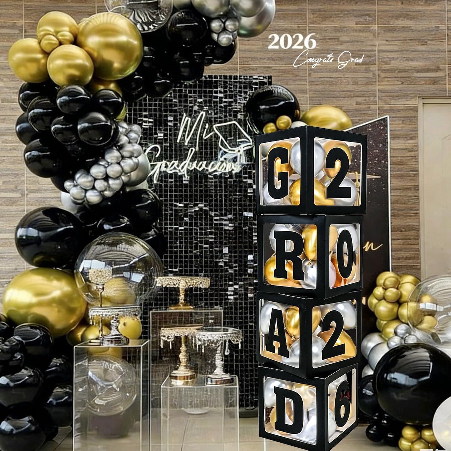 2026 Graduation Decorations - 4Pcs Black Balloon Boxes with Letters 2026&Grad for Preschool Kindergarten Middle High School College Graduation Party Decorations Class of 2026