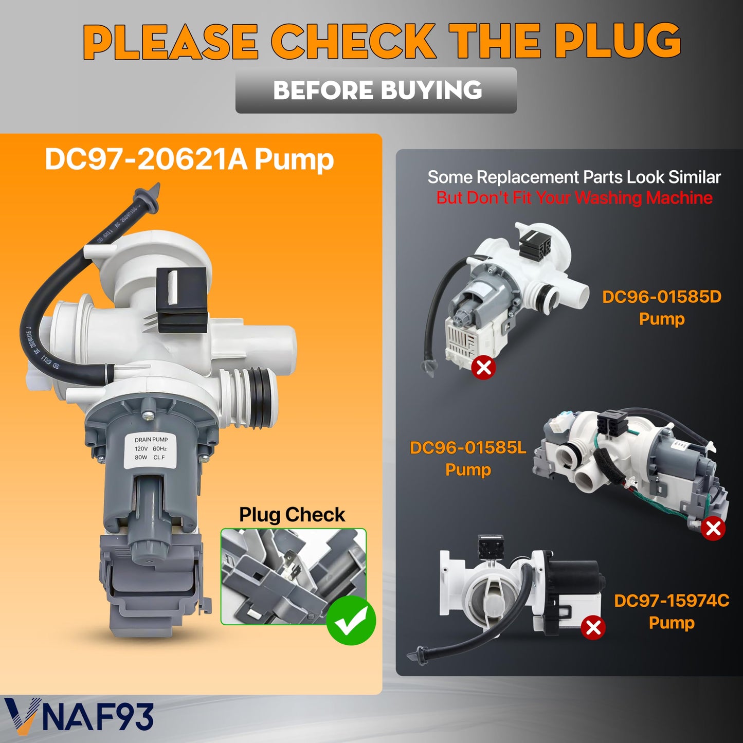 DC97-20621A Washer Drain Pump Replacement Compatible with Samsung WF45A6400 WF45B6300 WF45R6100 WF45T6000 WF50A8600 WF53BB8700, Replaces DC31-00187A for Samsung Washer Drain Pump