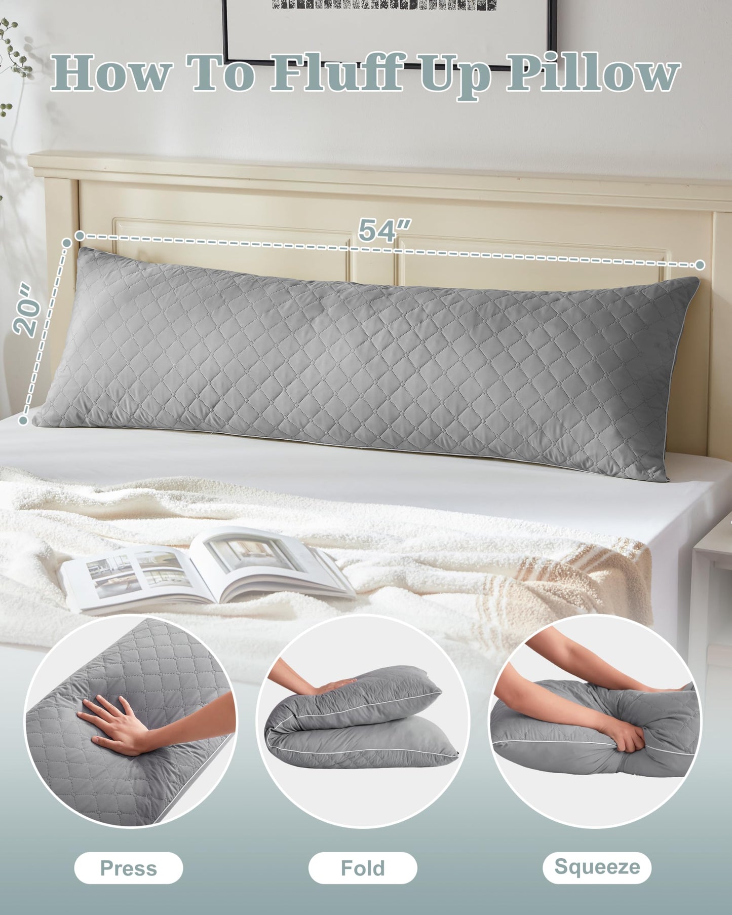YZ HOME Long Body Pillow for Adults, Firm Body Pillow Shredded Memory Foam, Adjustable Height,Support for Side Sleeping & Pregnant Women(Grey, 20x54 Inch)