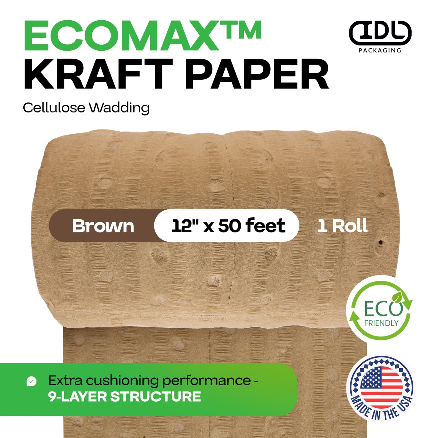 IDL Packaging 12" x 50' EcoMax Kraft Paper Cellulose Wadding (1 Roll) - Cushioning Wrapping and Box Void Filling - Soft and Gentle Packing for Shipping, Moving, and Storing Fragile Items