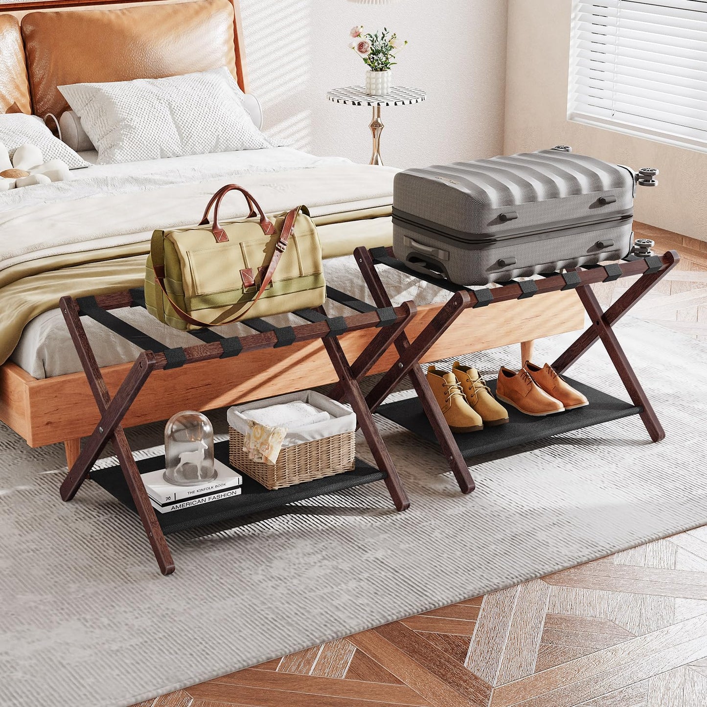 HOOBRO Luggage Racks, Set of 2 Folding Luggage Holders, Bamboo Suitcase Stands, with Nylon Straps and Oxford Fabric Shelf, for Guest Room, Hotel, Bedroom, Brown and Black BR17XLP201G1