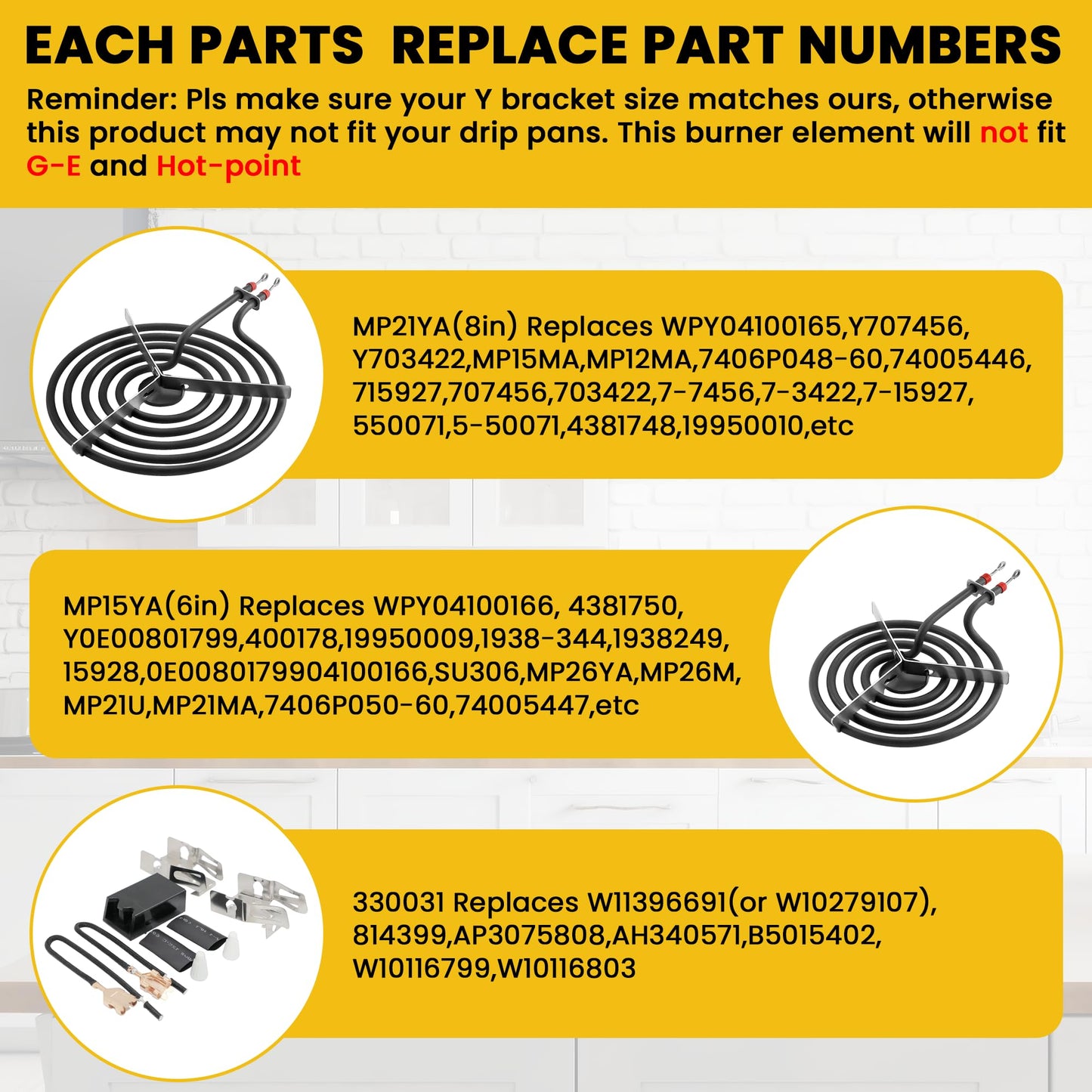 MP22YA Electric Range Burner Element Unit Set（2 pcs MP21YA 8" & 2 pcs MP15YA 6"）with 4pcs 330031 Range Burner Receptacle Kit Fit for Whirl-pool Ken-more Stoves Replace WP660532, WP660533 by AMI PARTS