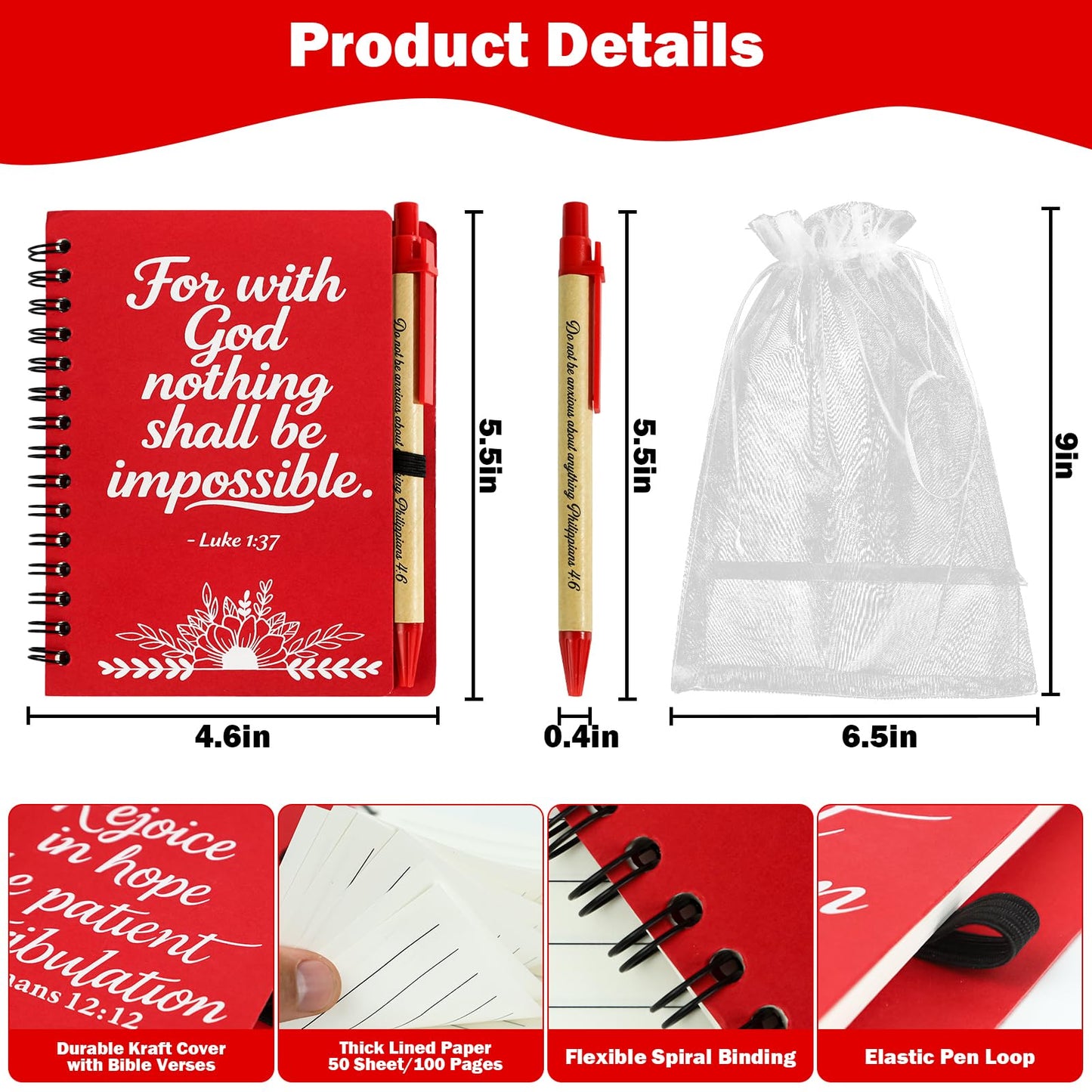 Succwoah 90 Pcs/30 Set Fathers Day Christian Gifts Bulk Prayer Journal Spiral Red Notebooks, Inspirational Notepad with Bible Verse Pen & Organza Bags, Perfect Religious Gifts for Men Women, Bible Study Groups, Church Members & Devotions