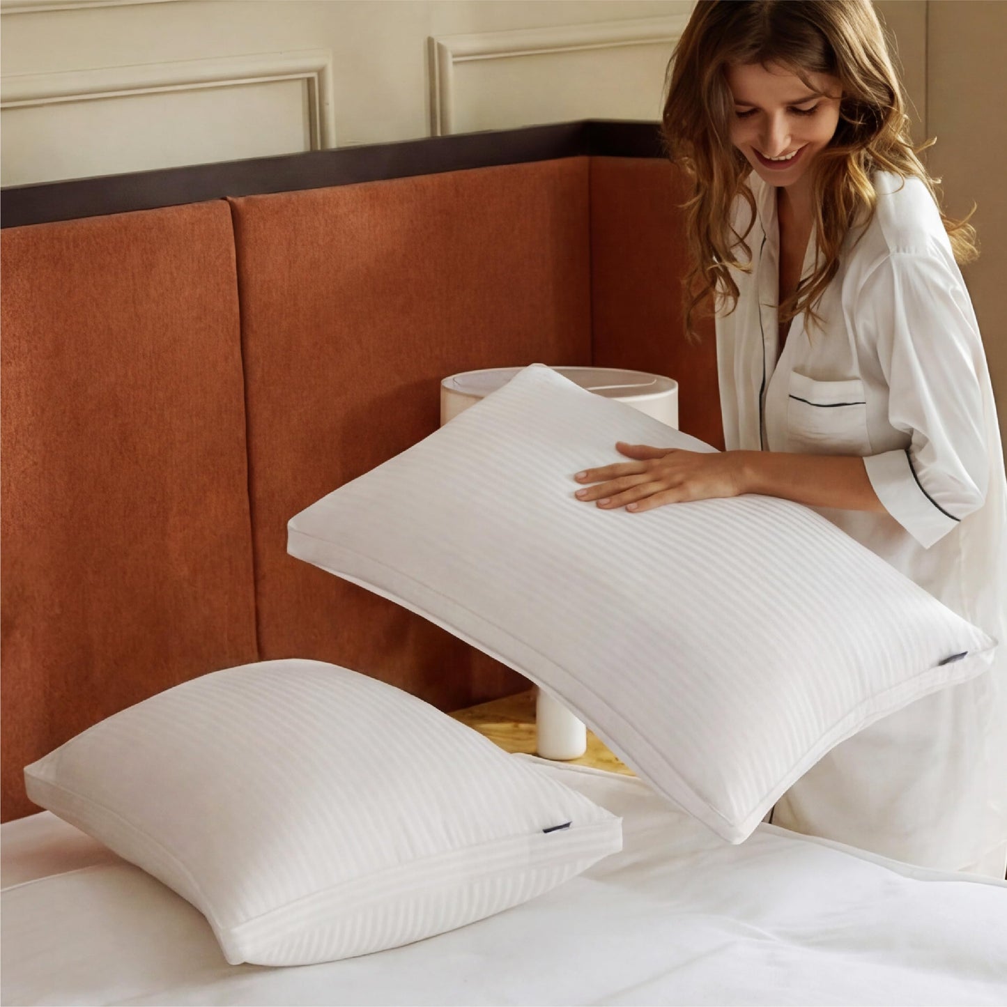 Bedsure Queen Size Bed Pillows Set of 2 - Hotel Quality Gusseted Down Alternative Pillow, 100% Cotton Cover PureWoven 300TC, Dual Chamber Fluffy Support Suitable for All Sleeping Positions