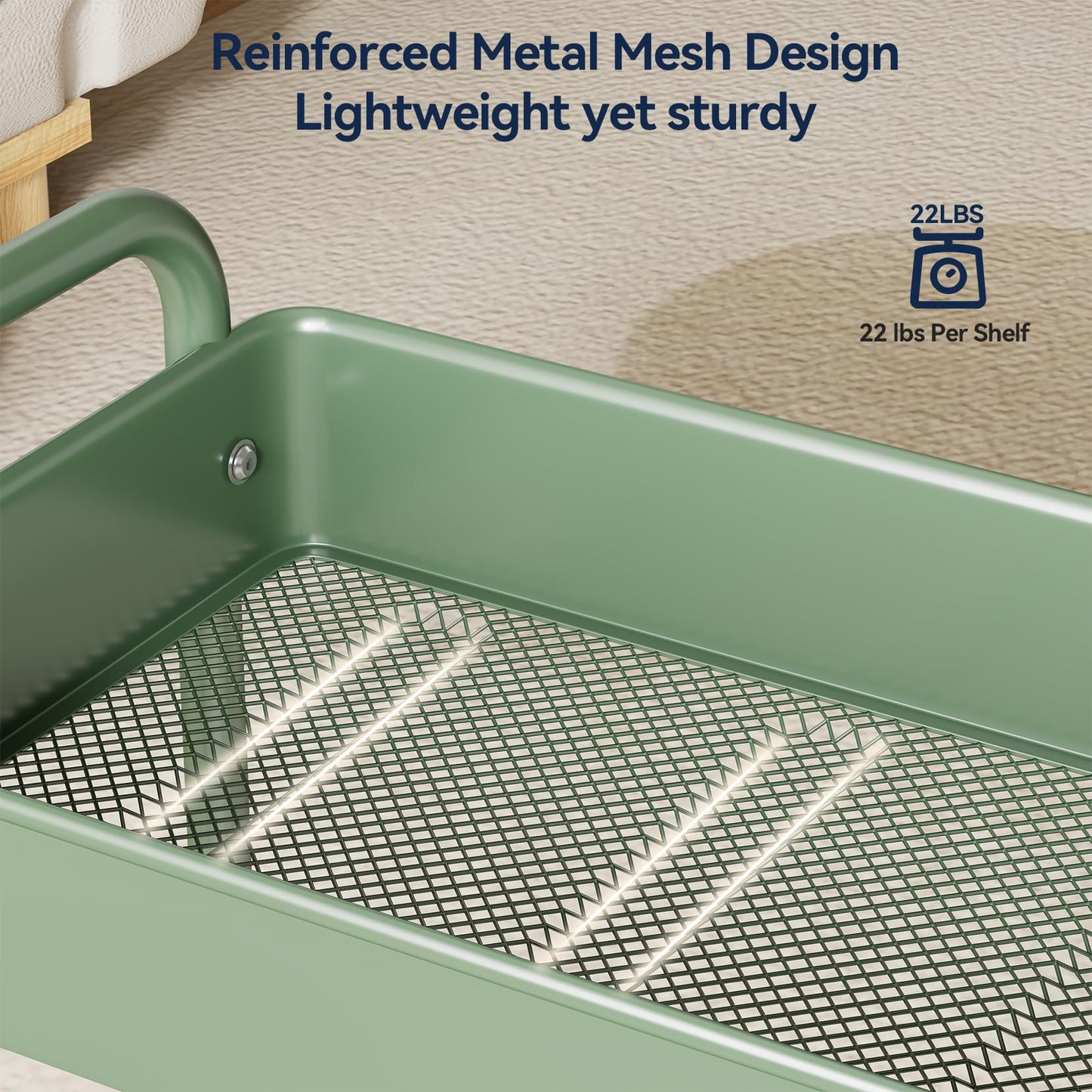 YASONIC 3-Tier Rolling Cart, Green, 66 Pounds Capacity, Mesh Storage Organizer with Lockable Wheels, 3 Hanging Cups, 4 Hooks, Easy Assembly, for Kitchen, Bathroom, Laundry, Grocery