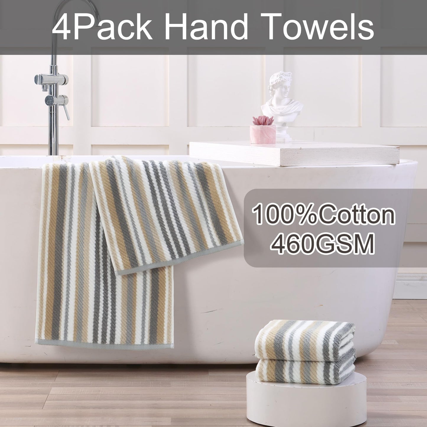 Beige Striped Hand Towels, Bathroom Hand Towels Set of 4, 16"x27" - 100% Cotton | Quick Dry | Absorbent | Light Weight, Soft Towel Set for Showering & Guest, Luxury Towel Gift, Tan and Gray