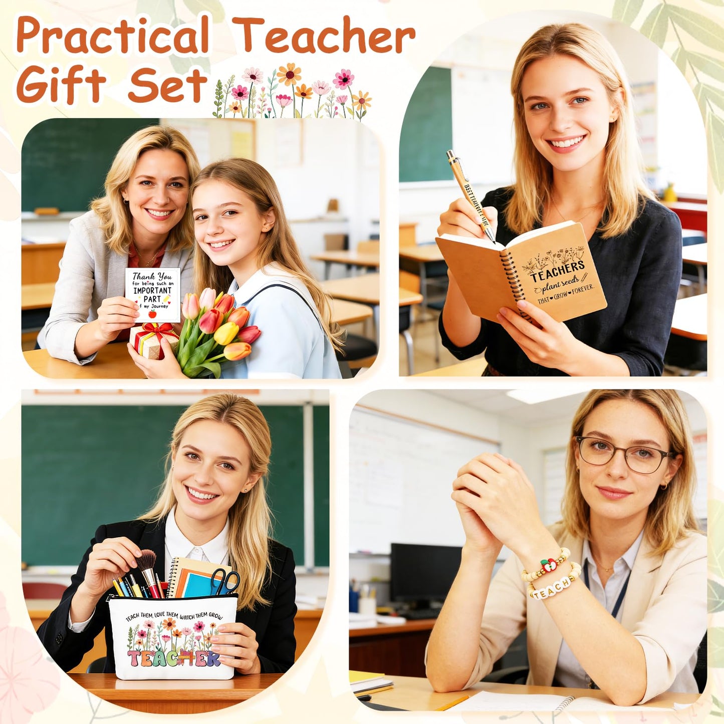 WenmthG 20Pcs Teacher Appreciation Gifts Bulk for Women - Thank You Teachers Gifts with Cosmetic Bags Notebooks Pens Bracelets Thank You Cards for Graduation Teacher’s Day End of Year Easter Birthday