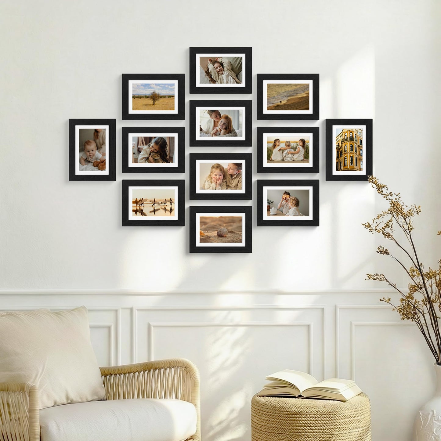 Vittanly 5x7 Picture Frames Set of 12, Display 4x6 Pictures with Mat or 5x7 without Mat, Engineered Wood with Shatter Resistant Plexiglass, Wall or Tabletop Photo Frames, Black
