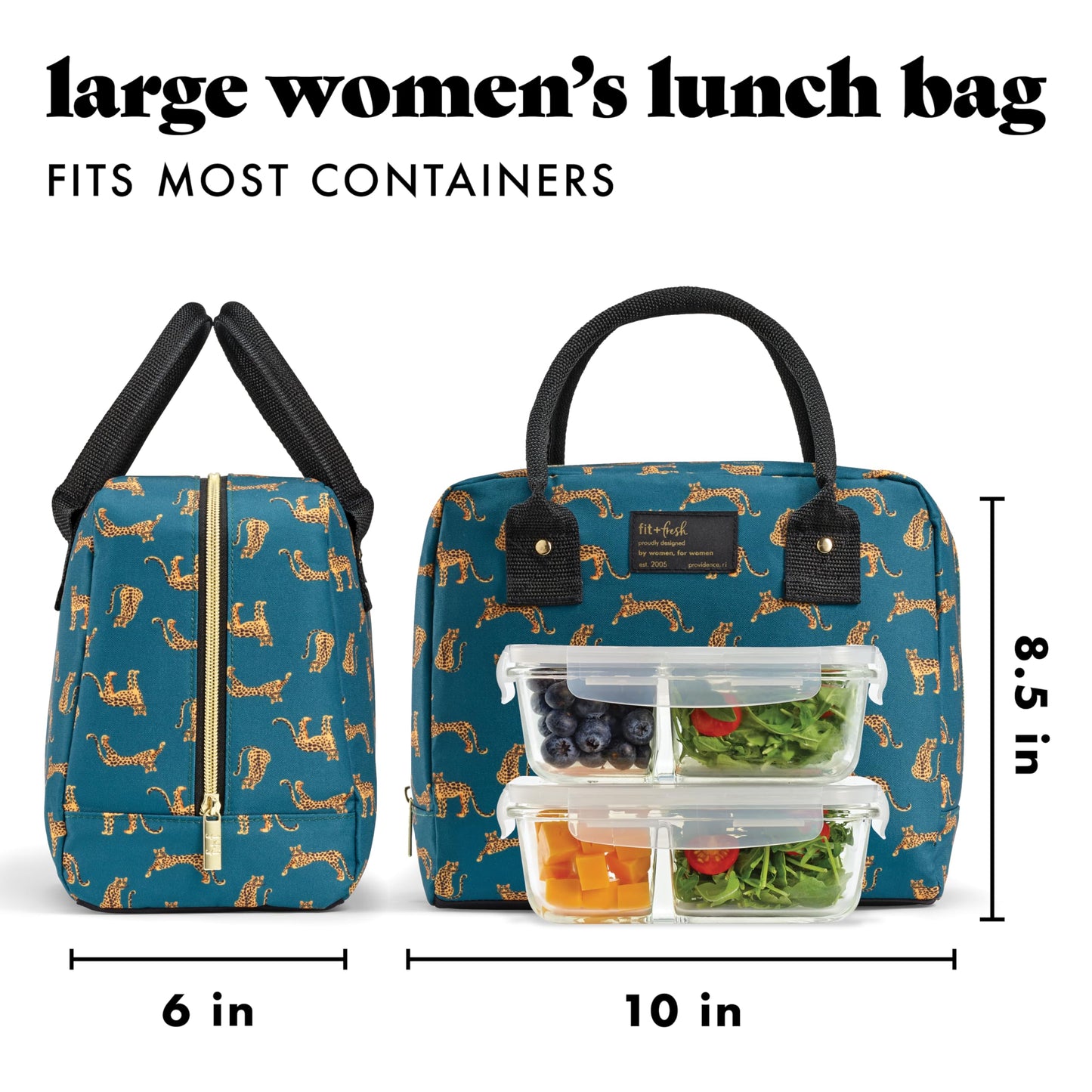 Fit & Fresh Bloomington Lunch Bag for Women - Insulated Large Lunch Box for Work with Containers, Leak-Resistant, Stain-Resistant, Zipper Closure, Teal Cheetah