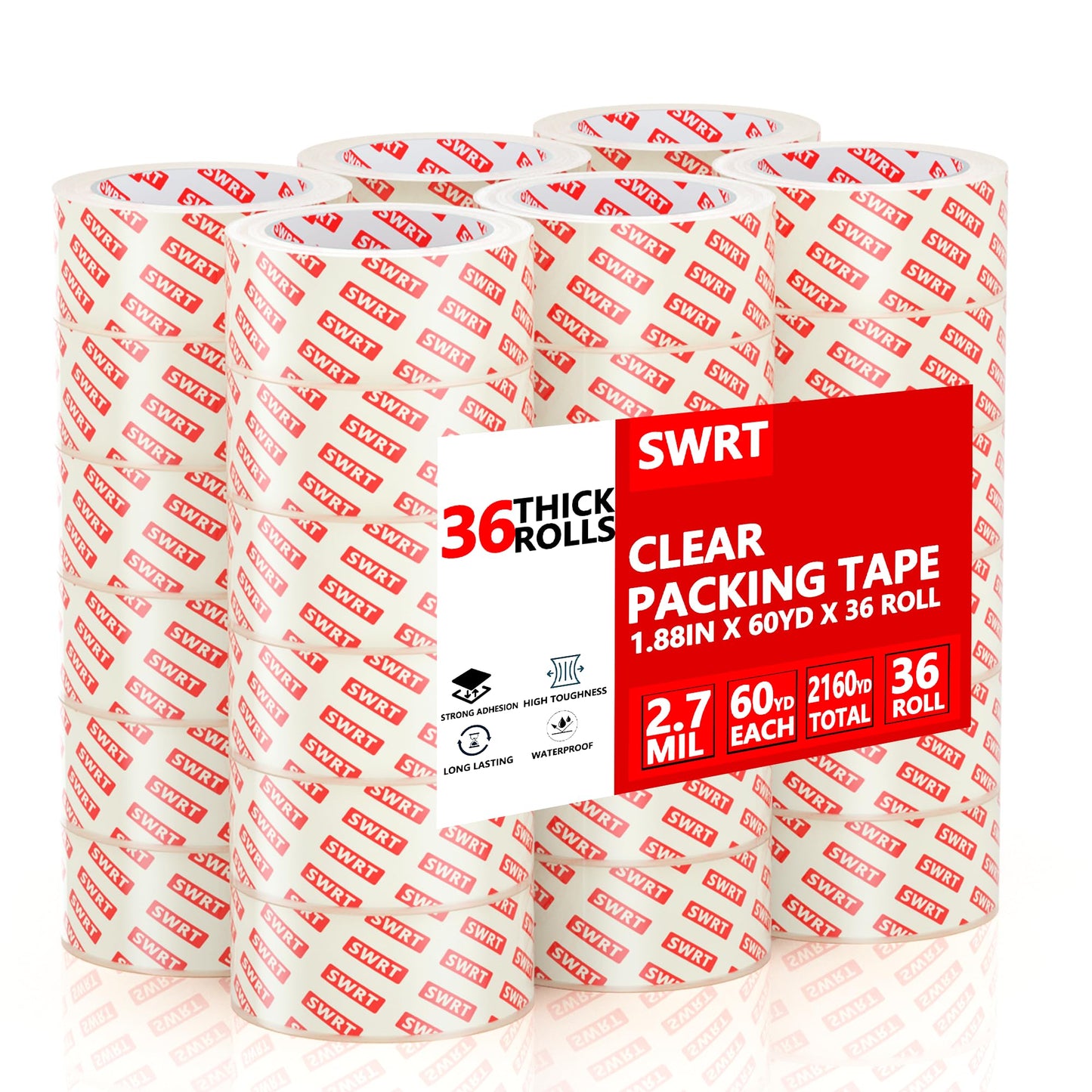 SWRT 2.7Mil Thick Ultra Clear Packing Tape, 36 Rolls Heavy Duty Packaging Tape for Shipping Packaging Moving Mailing, Thicker Sealing Tape-1.88" x 60 Yards Per Roll, 2160 Total Yards