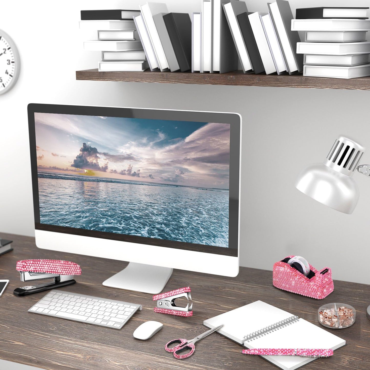 Demissle 6 Pcs Bling Office Desk Accessories Set Crystal School Stationery Kit Scissor Stapler with Staple, Tape Dispenser, Diamond Pen, Staple Remover, Binder Clip, Paper Clip, Push Pins(Pink)