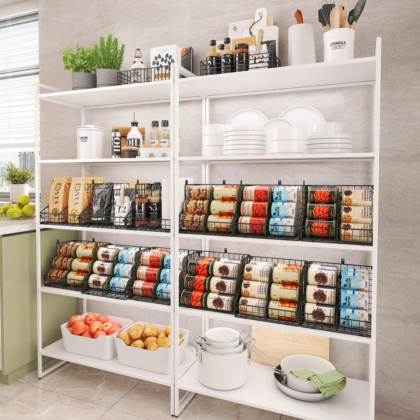 JKsmart 4 Pack Stackable Can Organizer for Pantry with Adjustable Dividers, Soda Can Organizer, Can Storage Dispenser Holds up to 56 Cans, Metal Wire Baskets Can Holder for Kitchen Cabinet Pantry