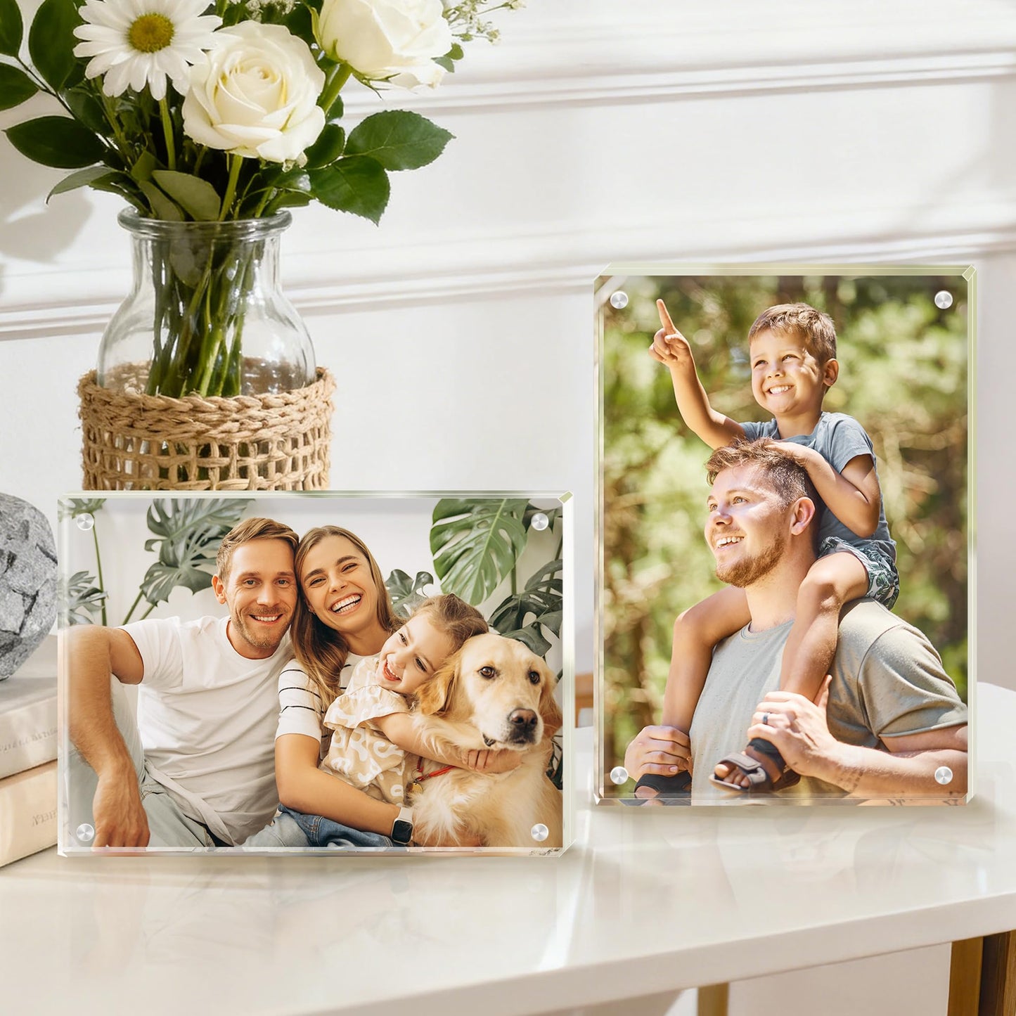 Fisnish 4x6 Acrylic Picture Frame Set of 6, 20mm Thick, Double-Sided Transparent Magnetic Frameless Photo Frame, Desktop Freestanding Display for Office or Home Decor