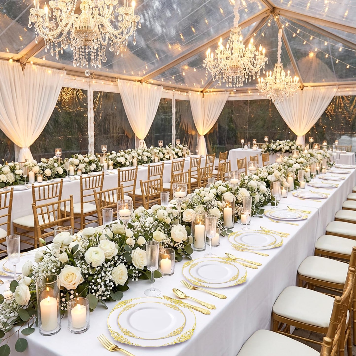 Joyido 200PCS White and Gold Plastic Plates - Gold Disposable Plates - Gorgeous Wedding Plate 10inch Dinner & 7.25inch Dessert Plate for 100 Guests for Wedding & Party