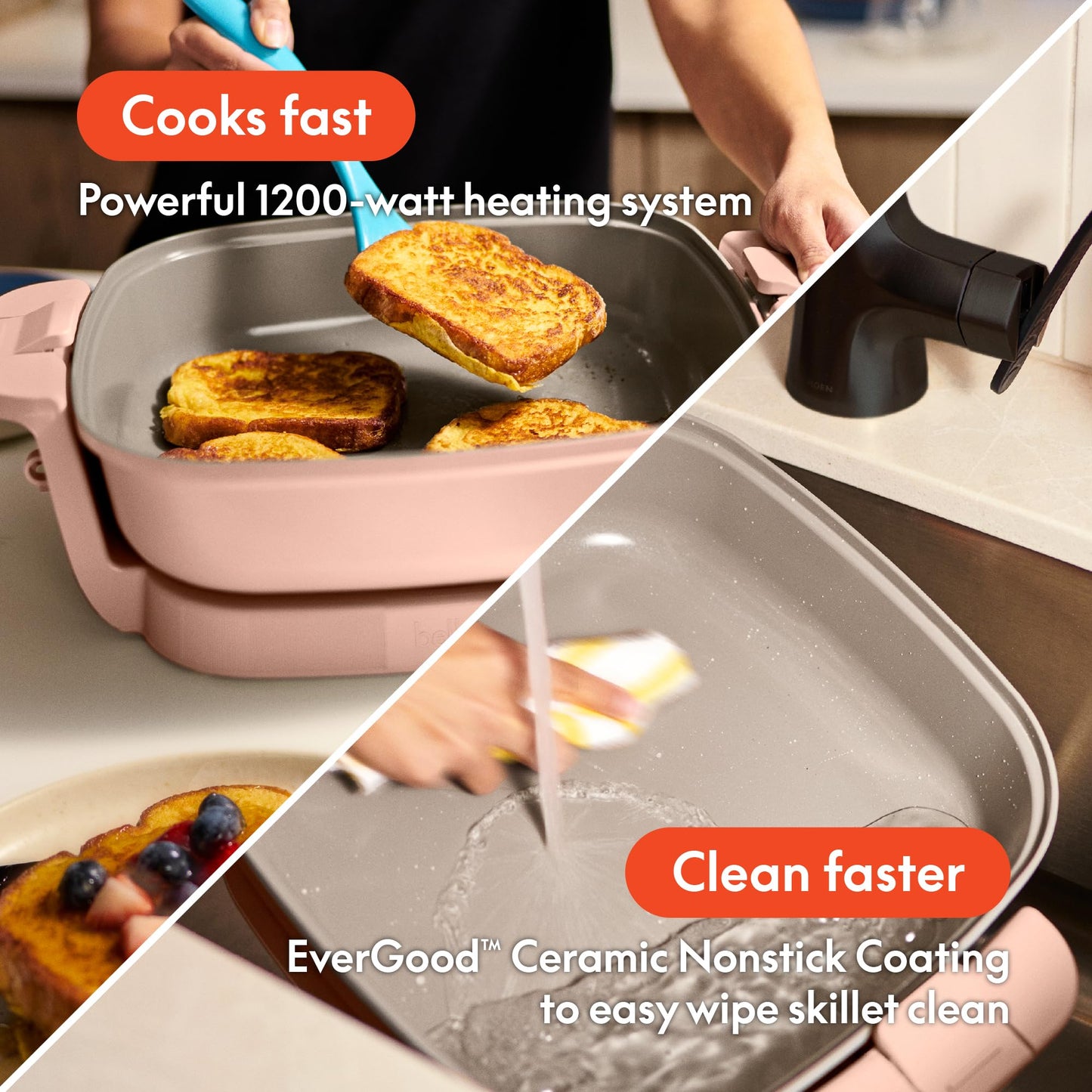 bella Make & Take Electric Skillet, Fits-anywhere™ kitchenware, EverGood™ Ceramic Coating, Adjustable Temperature & Dishwasher-Safe Tempered Glass Lid, Cast Aluminum Base, 1200 Watt, Blossom