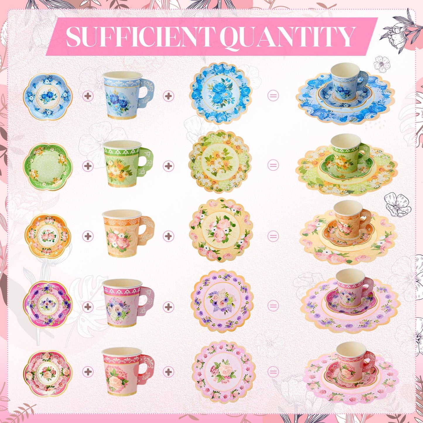 Nuogo 300 Pcs Disposable Tea Party Supplies Vintage Floral Paper Tea Cups with Handle and Plates Napkins Tea Cup and Saucer Set for Birthday Baby Shower Bridal Wedding Mother's Day, Serve 100 Guest